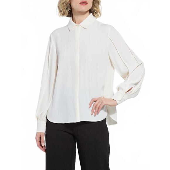 NEW LYSSE ivette pleated balloon sleeve blouse in natural pearl